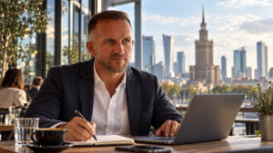 Tadeusz Stabrawa pracujący przy laptopie na tle panoramy Warszawy